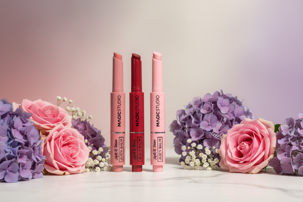 4 balsamuri de buze Magic Studio pe marmura cu flori