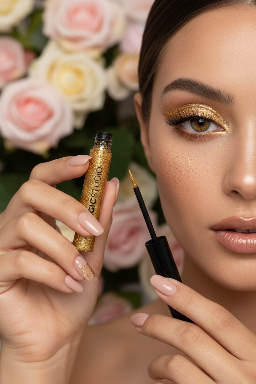 Girl with gold glitter eyeliner