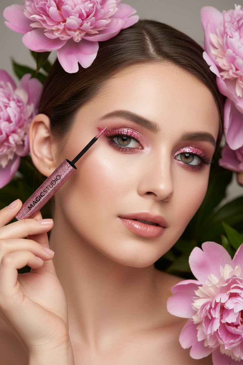 Girl with pink glitter eyeliner