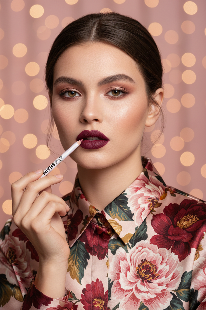 Model aplicând creionul Cherry Cola – look glamour