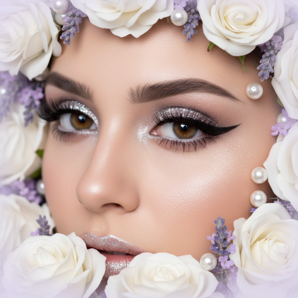 Silver glitter eye makeup close-up