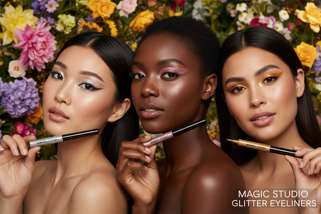 Three girls with all glitter eyeliner shades